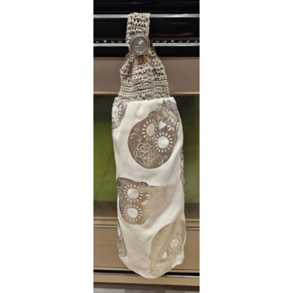 Halloween Crocheted Hanging Kitchen Hand Full Towel Silver Skull Vintage Button